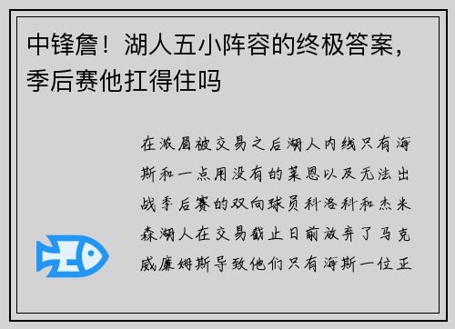中锋詹！湖人五小阵容的终极答案，季后赛他扛得住吗